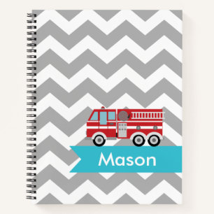 Personalized Gray Teal Chevron Fire Truck Kids Notebook