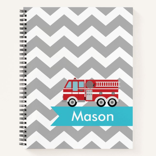 Personalized Gray Teal Chevron Fire Truck Kids Notebook (Front)