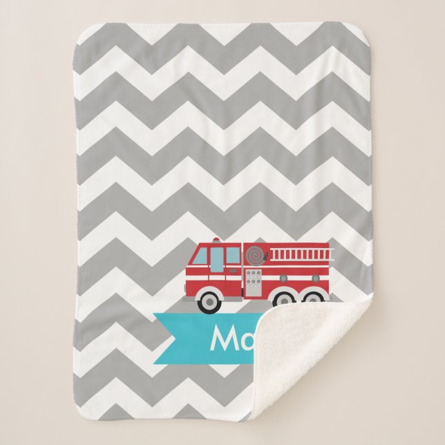Personalized Gray Teal Chevron Fire Truck Sherpa Blanket (Front)