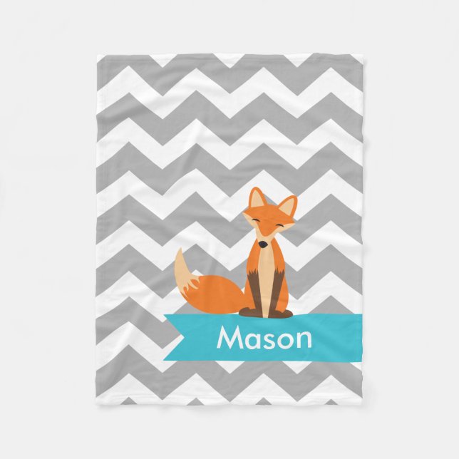 Personalized Gray Teal Chevron Fox Fleece Blanket (Front)