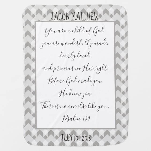 Personalized Gray/White Chevron, Verse from Psalm Baby Blanket (Front)