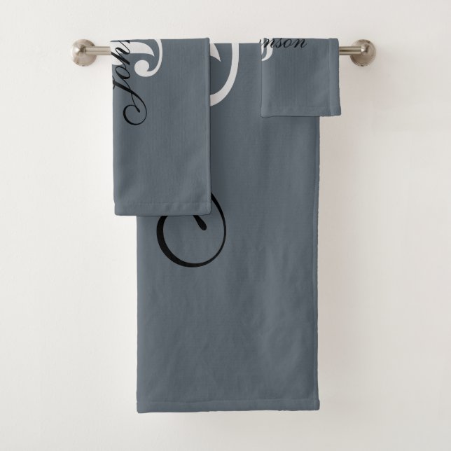 Personalized Gray White Elegant Monogram Bath Towel Set (Insitu)