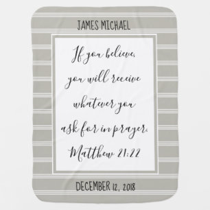 Personalized Gray/White Stripe, Verse from Matthew Baby Blanket