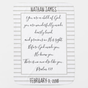 Personalized, Gray/White Stripe, Verse from Psalm Baby Blanket