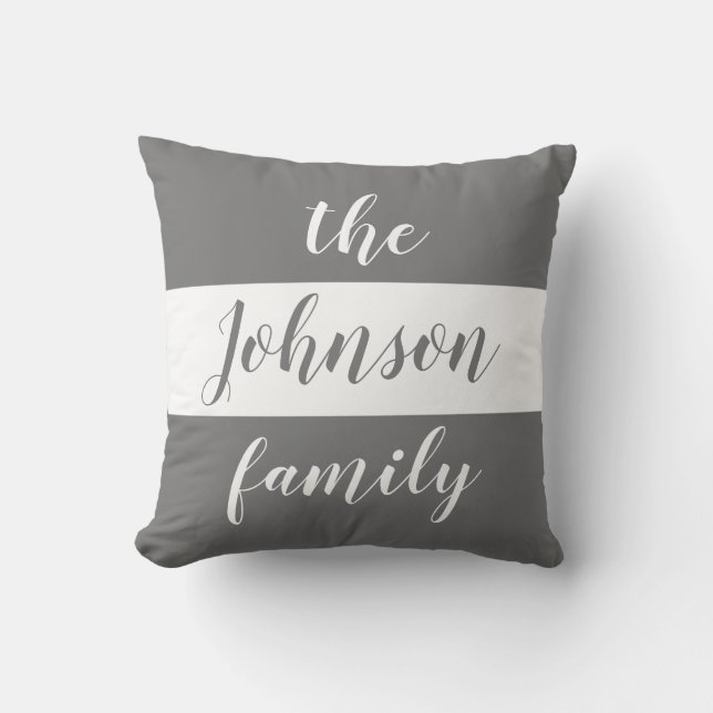 Personalized Gray White Stripes Family Name Throw Pillow (Front)