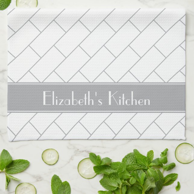 Personalized Gray White Subway Tile Brick Kitchen Towel (Folded)
