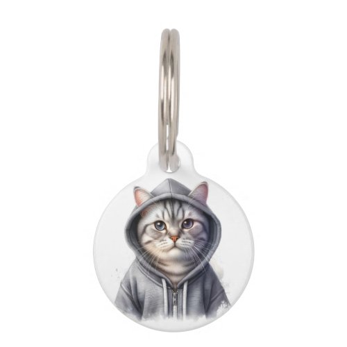 Personalized Gray White Tabby Cat Wearing Hoodie Pet ID Tag