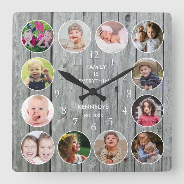 Personalized  Gray Wood 12 Family Photo Collage Square Wall Clock (Front)