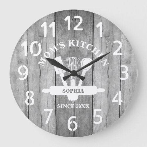 Personalized Gray Wood Farmhouse Moms Kitchen Large Clock