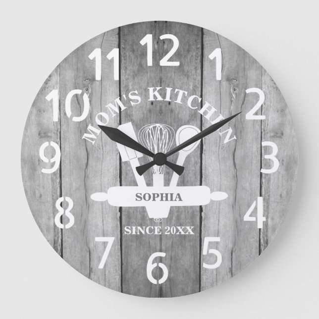 Personalized Gray Wood Farmhouse Mom's Kitchen Large Clock (Front)