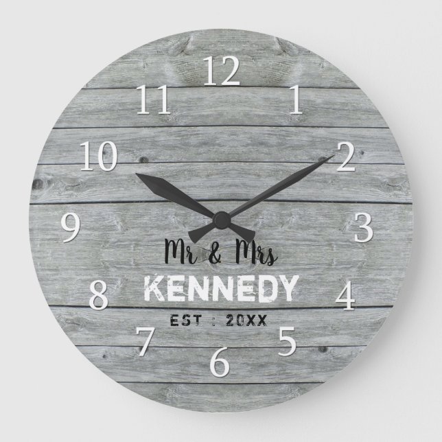 Personalized Gray Wood Wedding Anniversary Large Clock (Front)