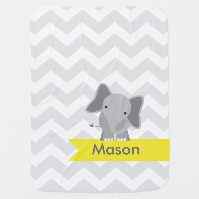 Personalized Gray Yellow Chevron Elephant Baby Blanket (Front)
