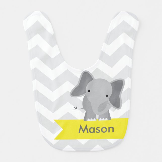 Personalized Gray Yellow Chevron Elephant Bib (Front)