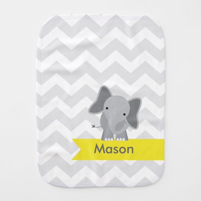 Personalized Gray Yellow Chevron Elephant Burp Cloth (Front)