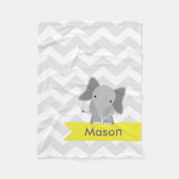 Personalized Gray Yellow Chevron Elephant Fleece Blanket