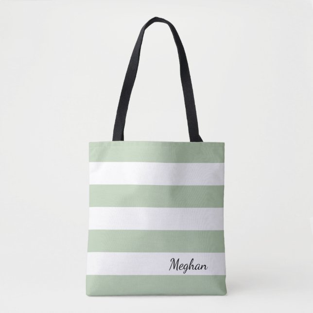 Personalized Grayed Jade and White Striped Tote (Front)