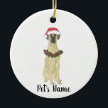 Personalized Great Dane (Fawn) Ceramic Ornament<br><div class="desc">Make the nice list this year with a personalized Christmas ornament of your favorite little fawn masked great dane elf in a santa hat and red and green holly wreath! For the sweetest gifts, pair it with a matching art print or another item from my fawn masked great dane collection!...</div>