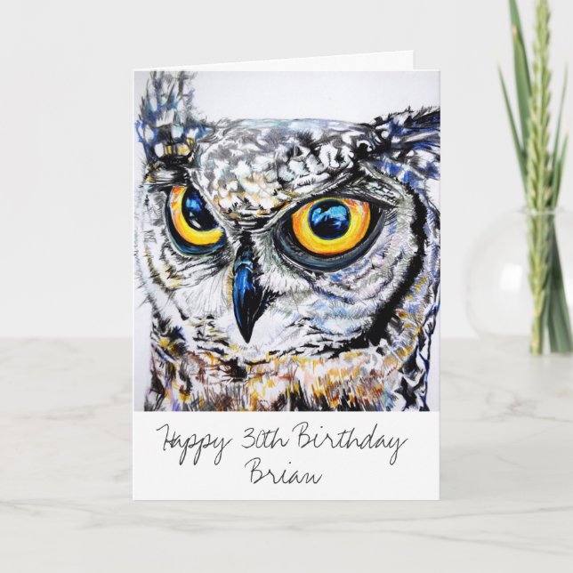 Personalized Great Horned Owl Happy Birthday Age Card (Front)