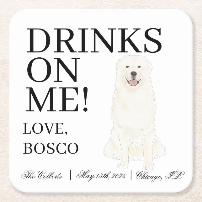 Personalized Great Pyrenees Dog Wedding Square Paper Coaster (Front)