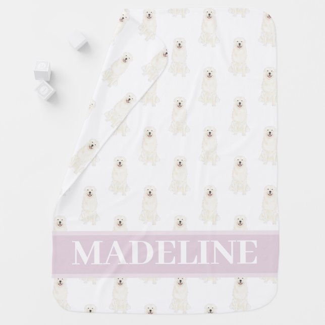 Personalized Great Pyrenees Pink & White Baby Blanket (In Situ)
