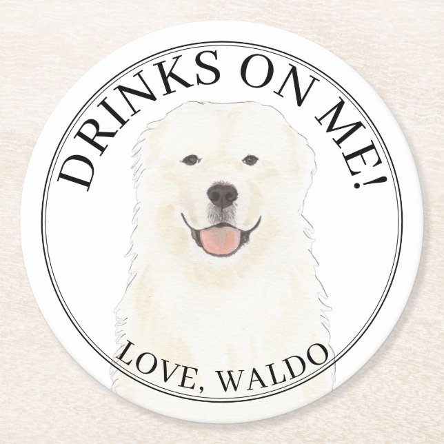 Personalized Great Pyrenees Wedding  Round Paper Coaster (Front)