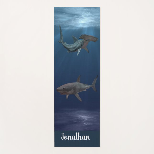 Personalized Great White and Hammerhead Sharks Yoga Mat (Front)