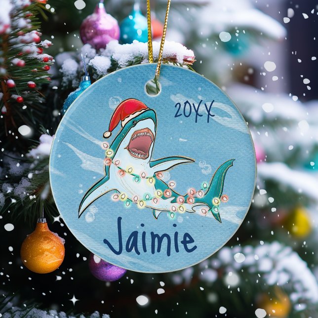 Personalized Great White Shark Ocean Watercolor Ceramic Ornament (Creator Uploaded)