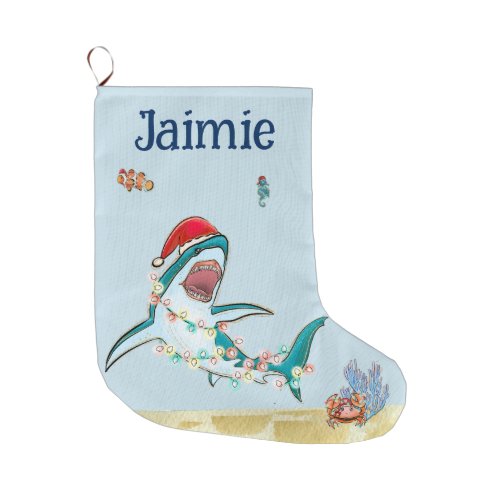 Personalized Great White Shark Ocean Watercolor  Large Christmas Stocking