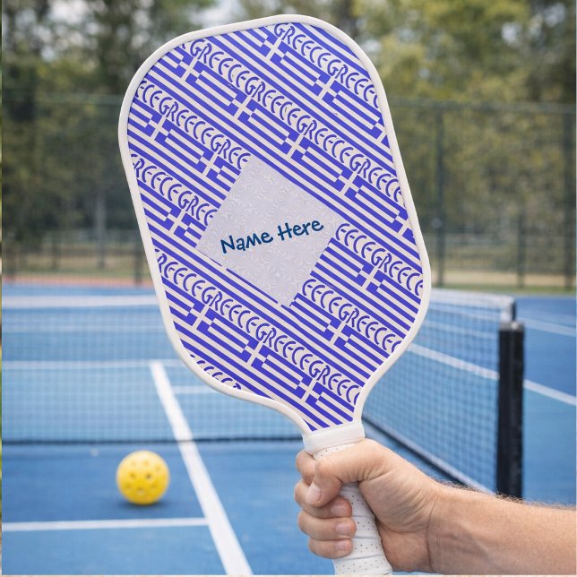 Personalized Greece Flag Tiled Pickleball Paddle (Personalized pickleball paddle has Greek Flag and GREECE. Ad name in fractal. Design on both sides.)