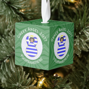 Personalized Greek Angel Christmas Flag Black Hair Cube Ornament