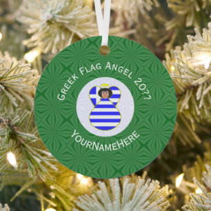 Personalized Greek Angel Christmas Flag Black Hair Metal Ornament