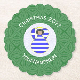 Personalized Greek Angel Christmas Flag Black Hair Paper Coaster