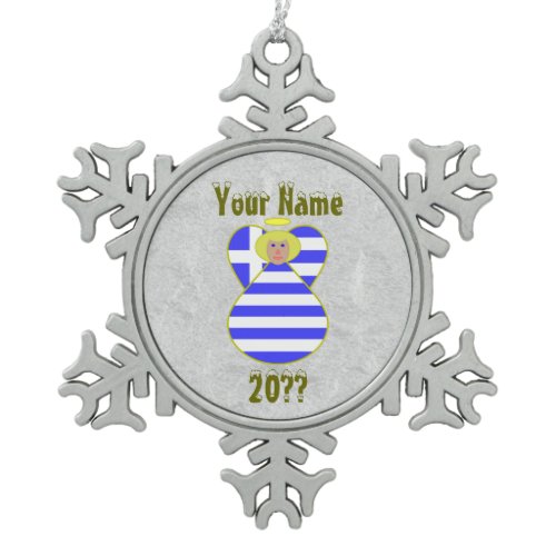 Personalized Greek Angel Flag Blond Hair  Snowflake Pewter Christmas Ornament