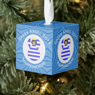 Personalized Greek Angel Hanukkah Flag Black Hair Cube Ornament