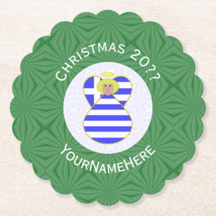 Personalized Greek Blond Angel Christmas Flag Paper Coaster