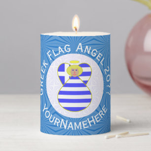 Personalized Greek Blond Angel Hanukkah Flag Pillar Candle