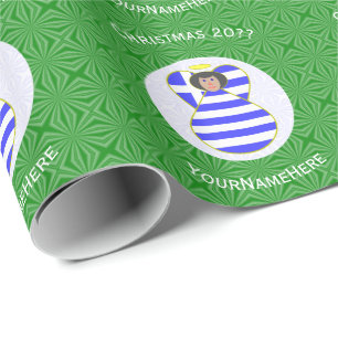 Personalized Greek Flag Black Hair Christmas Angel Wrapping Paper