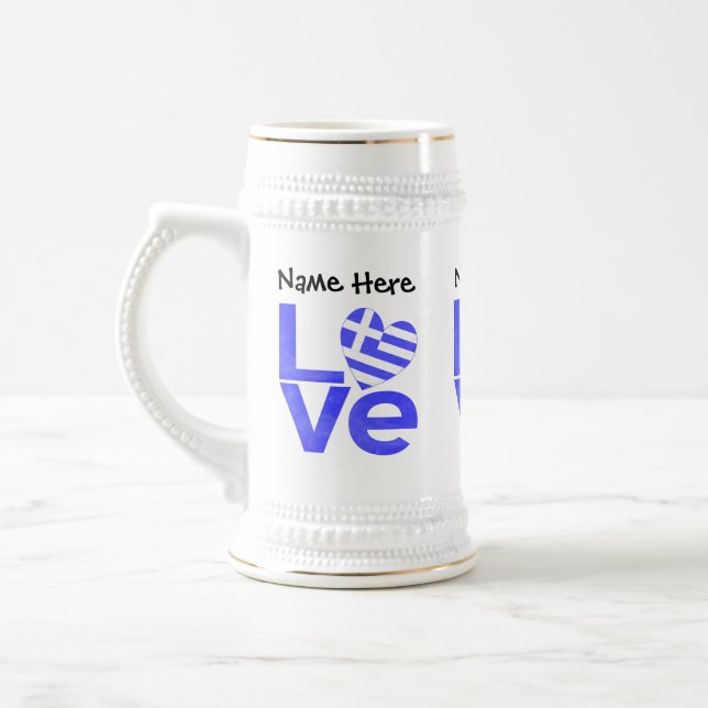 Personalized Greek Flag Heart Blue LOVE Beer Stein (Left)