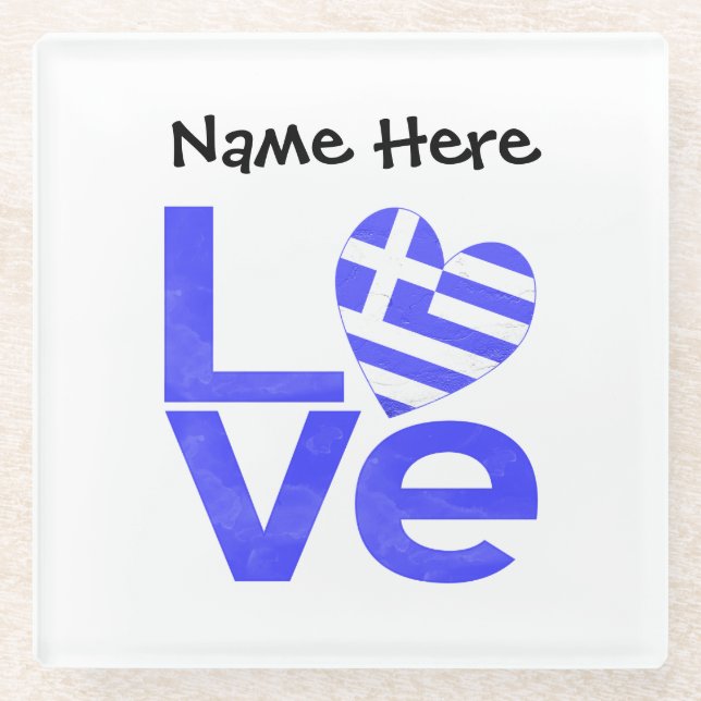 Personalized Greek Flag Heart Blue LOVE Glass Coaster (Front)