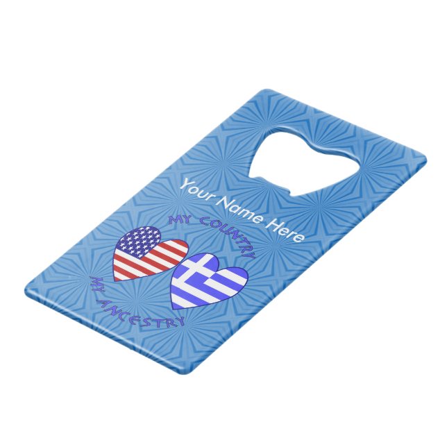 Personalized Greek USA Country Ancestry Credit Card Bottle Opener (Front Angled)