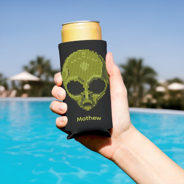 Personalized Green Alien Head  Seltzer Can Cooler (In Situ Pool)