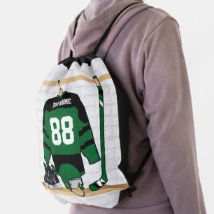 Personalized Green and Black Ice Hockey Jersey Drawstring Bag
