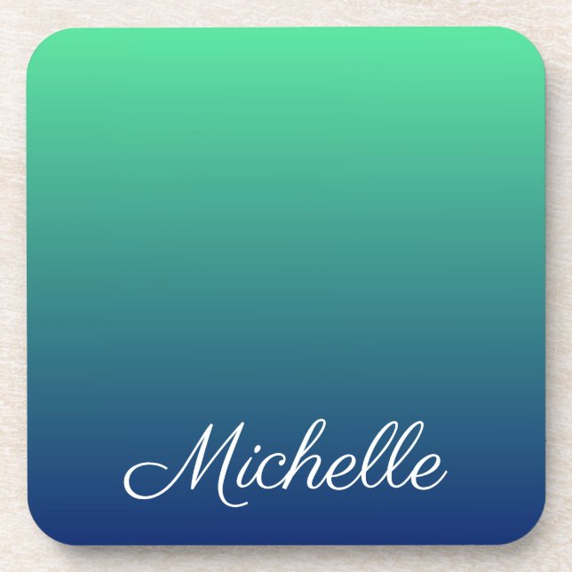 Personalized green and blue beverage coaster (Front)