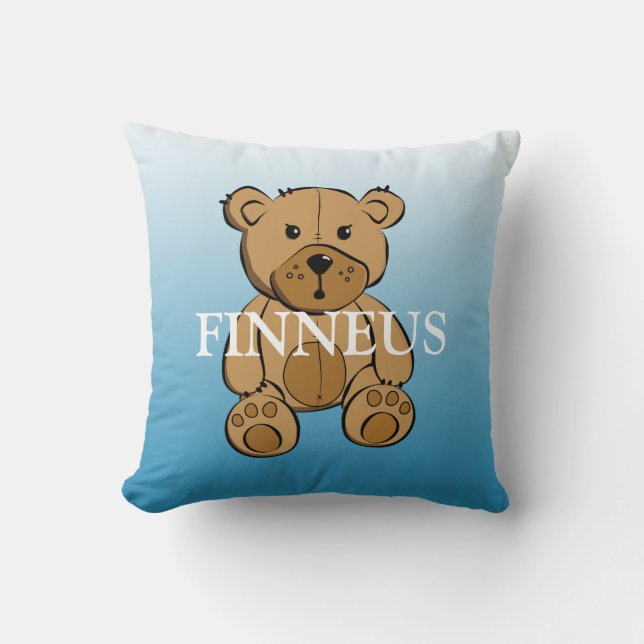 Personalized Green and Blue Striped Teddy Bear Throw Pillow (Front)