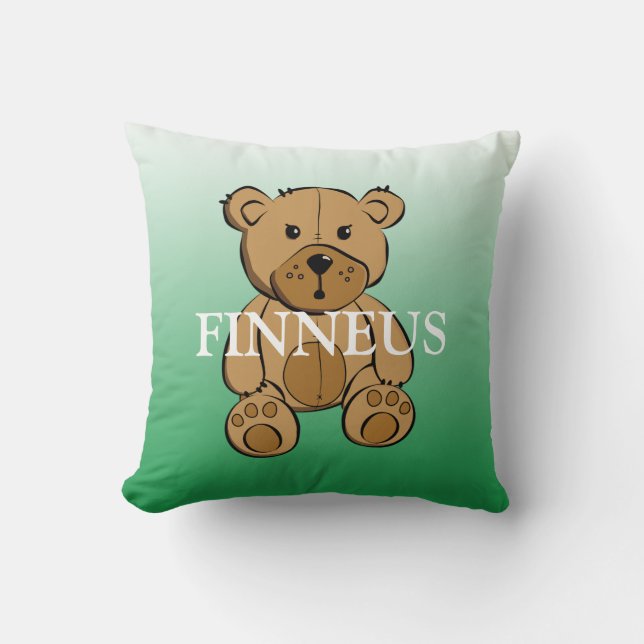 Personalized Green and Blue Striped Teddy Bear Throw Pillow (Front)