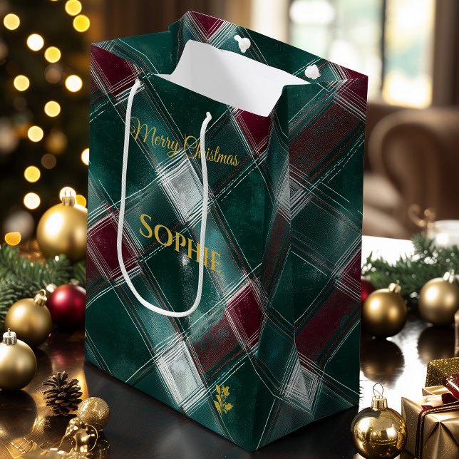 Personalized Green and Burgundy Plaid Christmast Medium Gift Bag (Creator Uploaded)