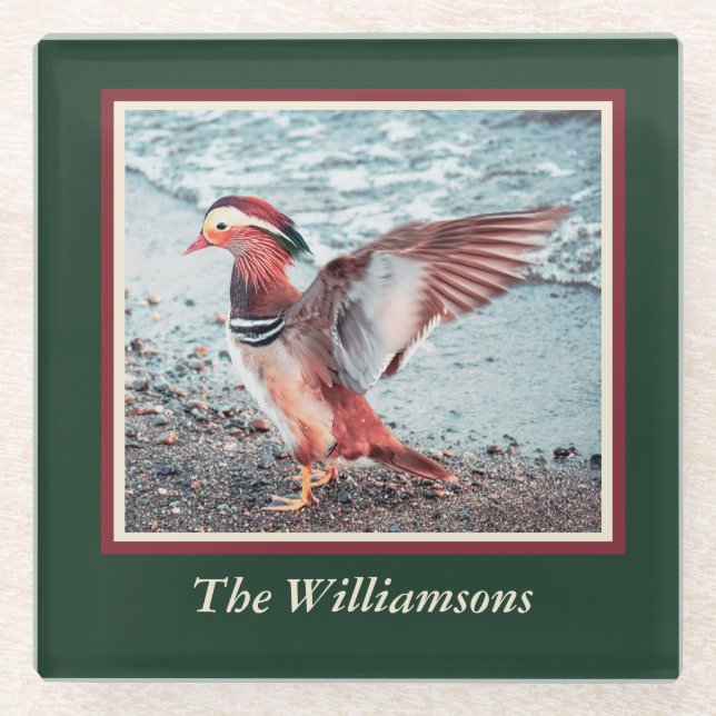 Personalized Green and Dark Red Mandarin Duck Glass Coaster (Front)