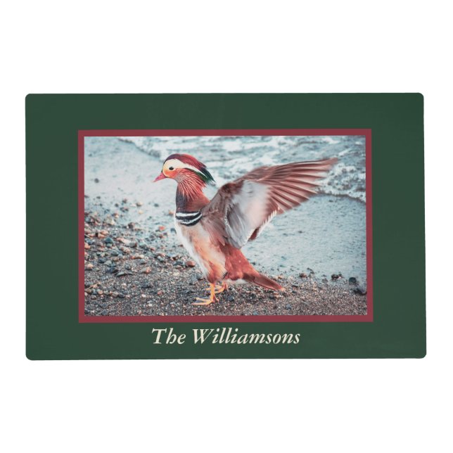 Personalized Green and Dark Red Mandarin Duck  Placemat (Front)