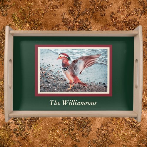 Personalized Green and Dark Red Mandarin Duck Serving Tray