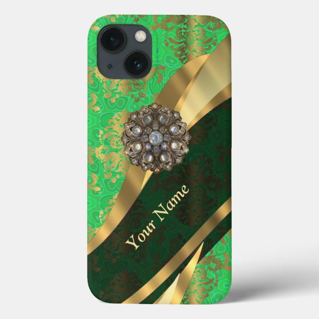 Personalized green and gold damask pattern Case-Mate iPhone case (Back)